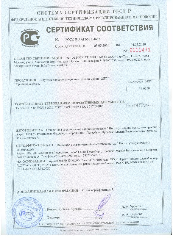 Сертификат соответствия на панели ШЗП
